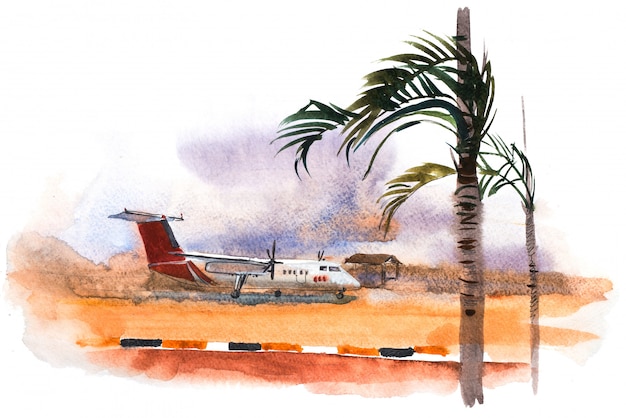 Airplane ready to take off from runway watercolor illustration