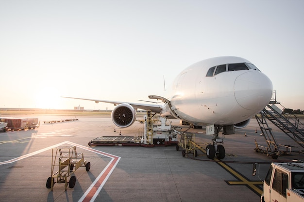 夕暮れの晴れた空を背景に滑走路に乗った飛行機