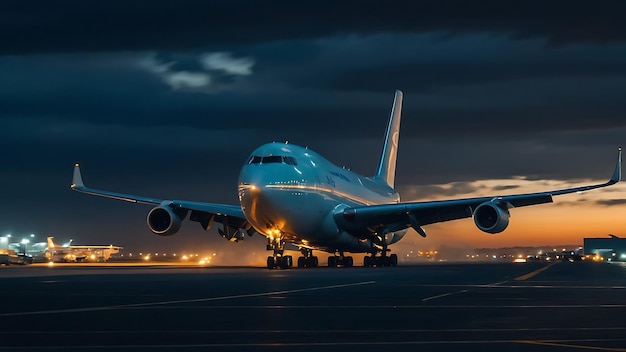 Airplane on the runway of the airport at night with a dramatic sky