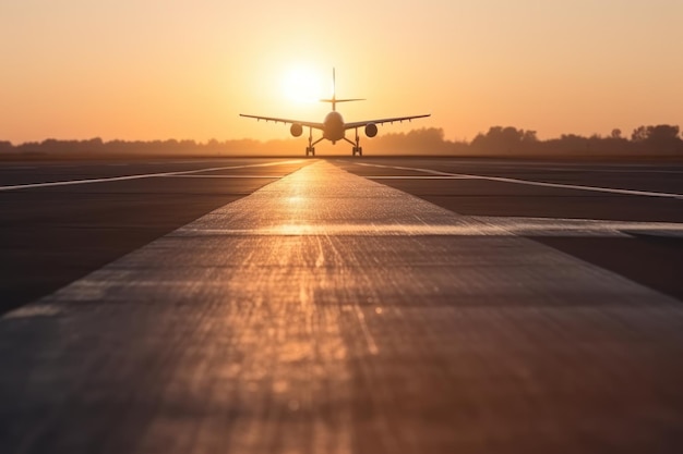 Airplane on the runway in the airport at sunset Travel concept