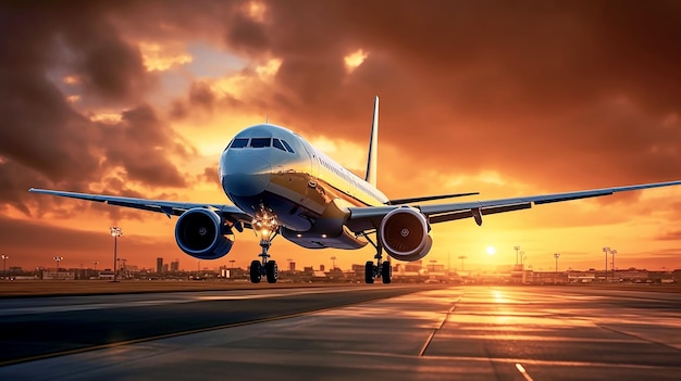 airplane on runway landing front view on sunset with clouds