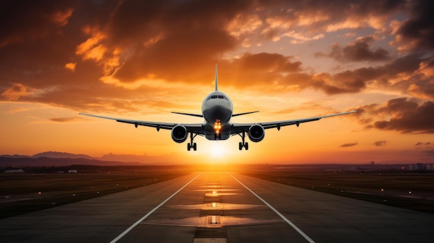 airplane on runway and looking at airplane in blue sky