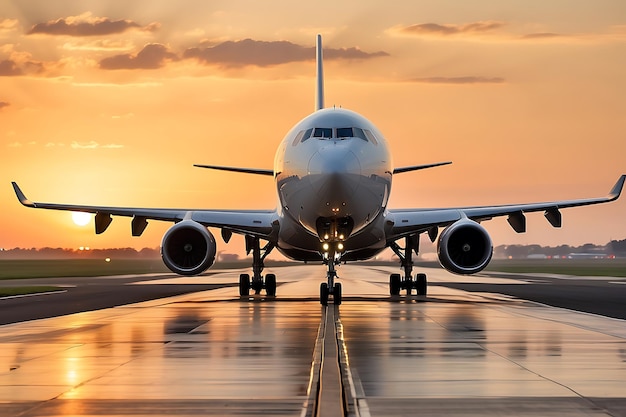 Самолет на взлетно-посадочной полосе при заходе солнца Концепция деловых поездок и транспорта