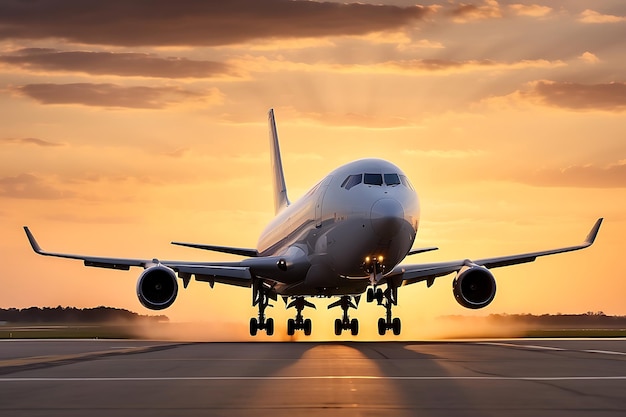 Airplane on the runway at sunset Business travel and transportation concept