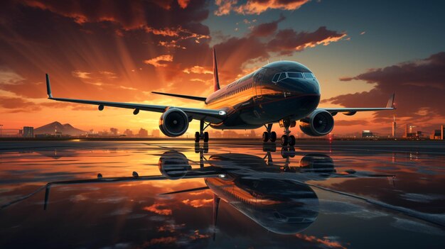 Photo airplane on the runway at sunset moment