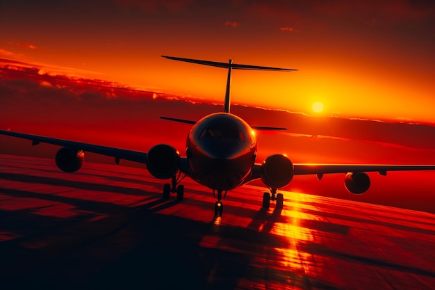 An airplane on the runway at sunset