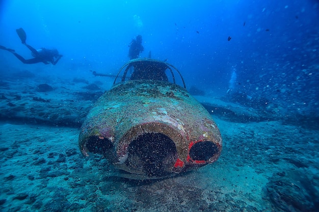 Airplane scuba wreck / diving site airplane, underwater\
landscape air crash in the sea