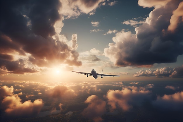 Самолет в небе среди облаков на закате Генеративный ИИ