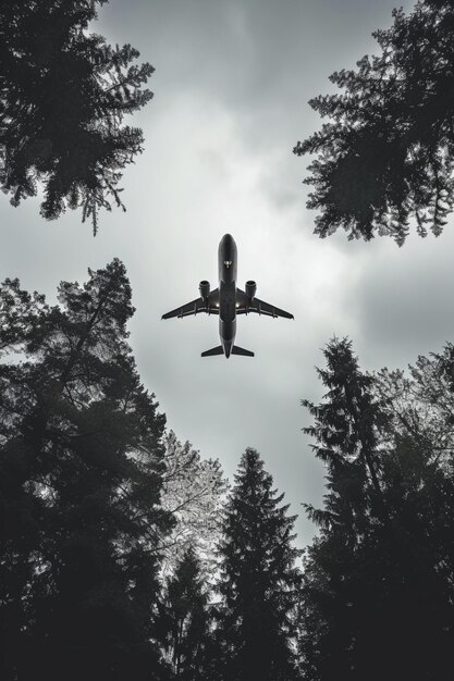 森の上空の飛行機