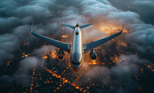 airplane in the sky with city view night time background