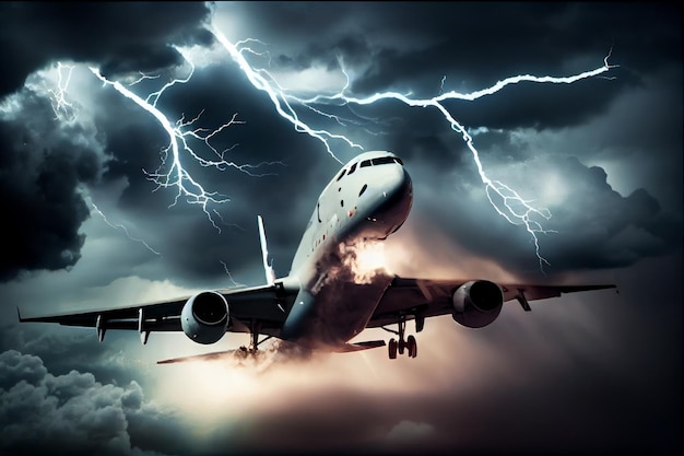 Airplane in the sky with thunderstorm and lightning Generative AI