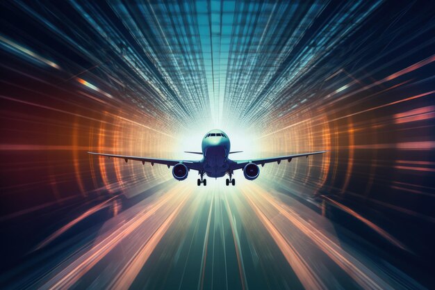 Airplane soaring through the tunnel showcasing modern transportation and business travel speed