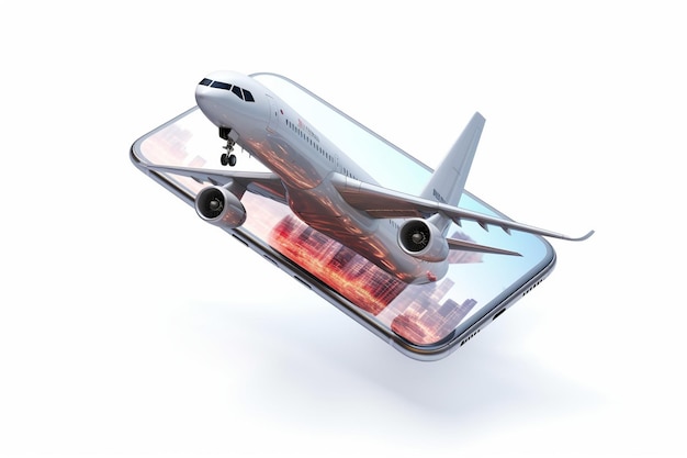 Airplane standing on smartphone screen 3D illustration