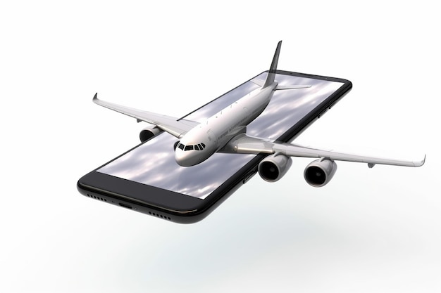 Airplane standing on smartphone screen 3D illustration