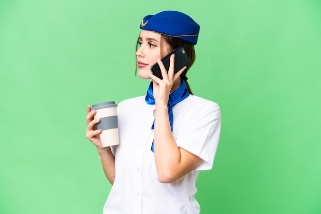 Airplane stewardess over isolated chroma key background holding coffee to take away and a mobile