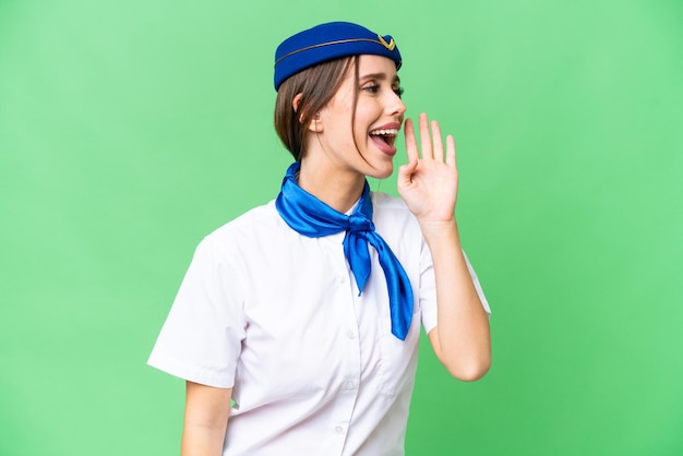 Airplane stewardess over isolated chroma key background shouting with mouth wide open to the lateral