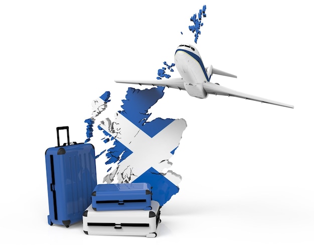 Airplane and suitcase on scotland