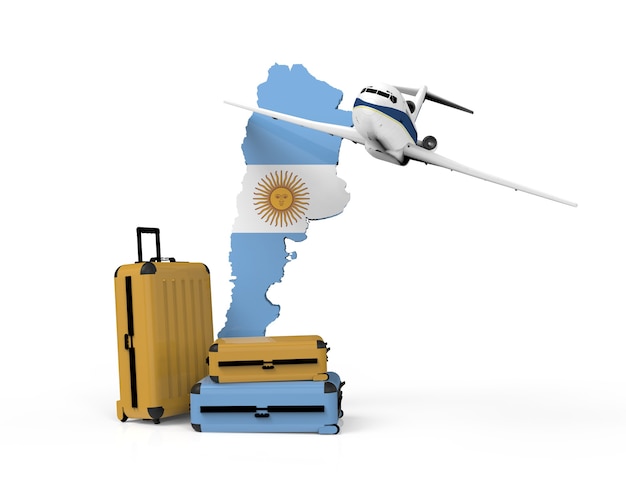 아르헨티나 지도에 비행기와 가방