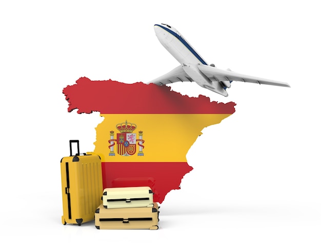 Airplane and suitcases for travel in spain