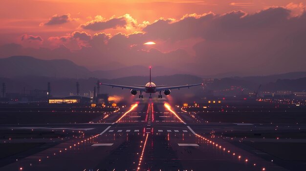 airplane take off from the runway at airport with sunset sky background Generative AI illustration