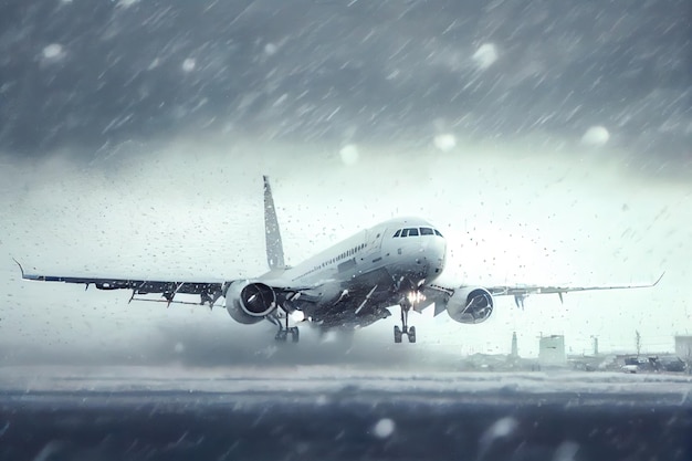 Airplane takeoff in a snowstorm Generative AI Generative AI