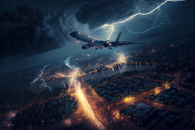 Airplane takes of during thunderstorm lightning strikes to passenger plane generative AI