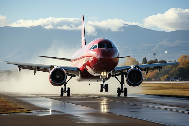 写真 飛行機が滑走路から離陸し日の出の空を離れる瞬間