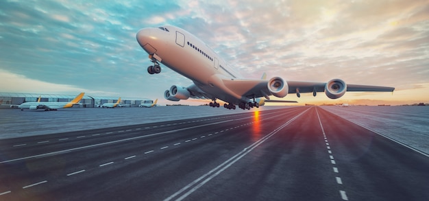 空港から離陸する飛行機。 3Dレンダリングとイラスト。