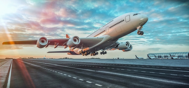 Aereo in decollo dall'aeroporto. rendering 3d e illustrazione.