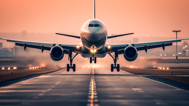 공항 활주로에서 이륙하는 비행기 전면 뷰 생성 AI