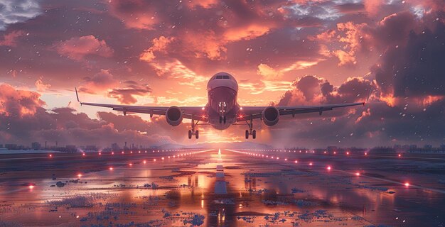 Photo airplane taking off from a runway at sunset in the style of photorealistic light purple and light cyan poster generative ai