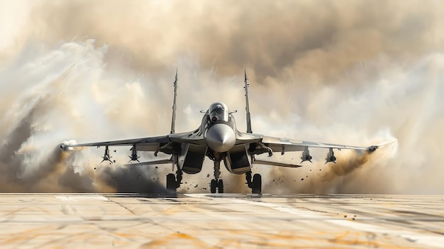 Airplane Taking Off on Runway Amidst Smoke