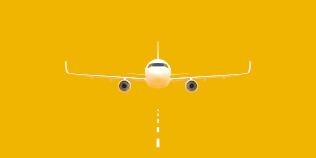 Airplane taking off the runway on a yellow background with copy space minimal style design 3d render