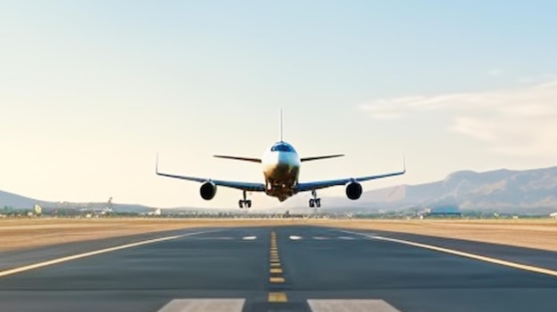 夕日のシーンで離陸する飛行機