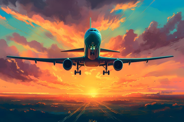 An airplane taking off at sunset with vibrant colors painting the sky