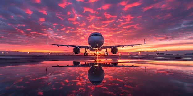 Airplane on tarmac under colorful sky aspect ratio Sunrise or sunset Concept Nature Transportation Sky Sunset Sunrise