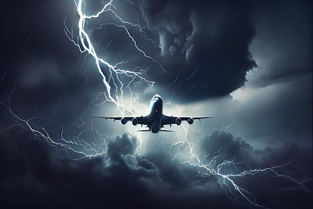 Airplane in thunderstorm with lightning Generative AI