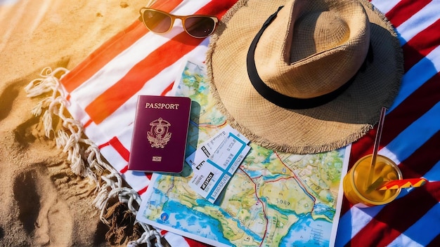 Airplane and tickets with hat and map on sand