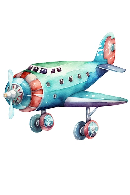 飛行機のおもちゃの水彩クリップアートかわいい生成 AI で白い背景に分離