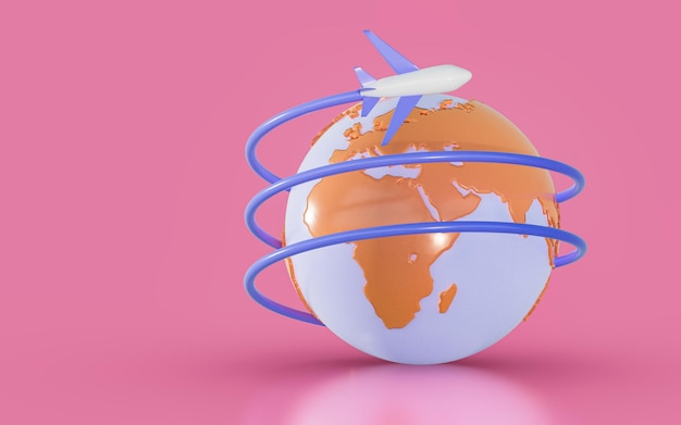 비행기 여행 전 세계 및 세계지도 3d 렌더링 개념에 비행