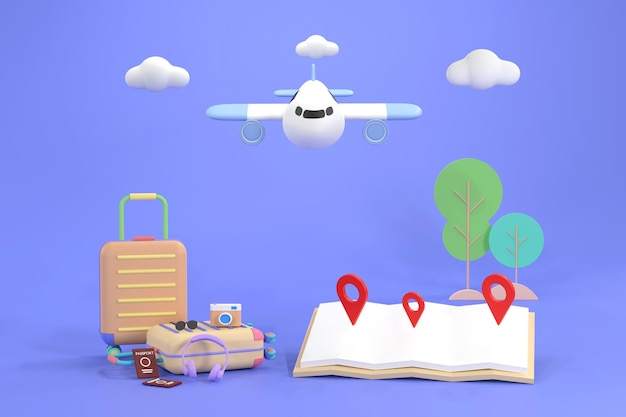 airplane travel tourism plane trip planning world tour luggage with pin location suitcase and map