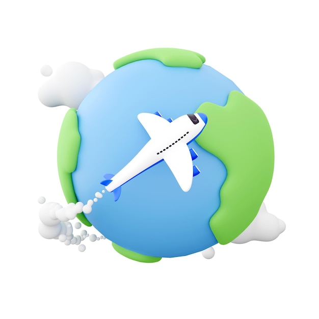 Airplane Travel with world globe icon on white background 3d render globe and plane travel icon 3d rendering airolane icon on travel world globe