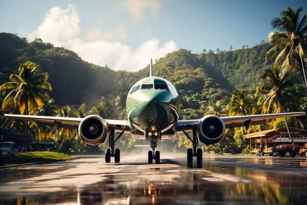 Airplane in a tropical environment with palm trees in the background