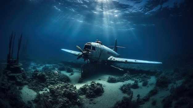 An airplane under water with sunlight shining through Generative AI Art