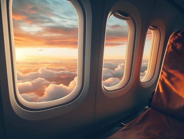 Foto finestra dell'aereo bellissimo cielo scattato dall'interno della finestra dell'aeromobile con il cielo luci dorate del tramonto