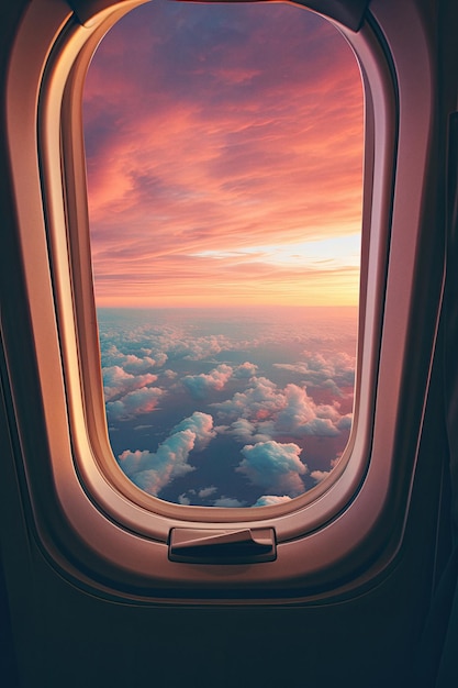 Airplane window looking out toward the clouds in the sky