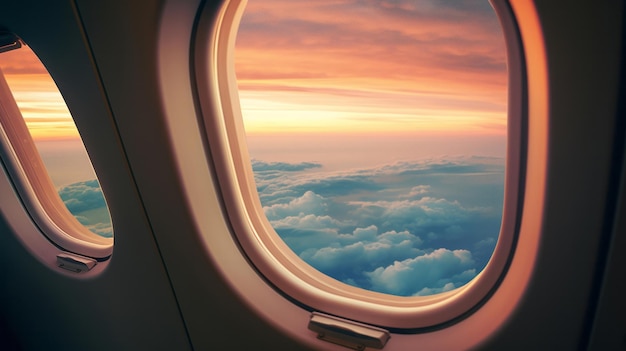 Airplane window with clouds and sunlight international luxury travel concept