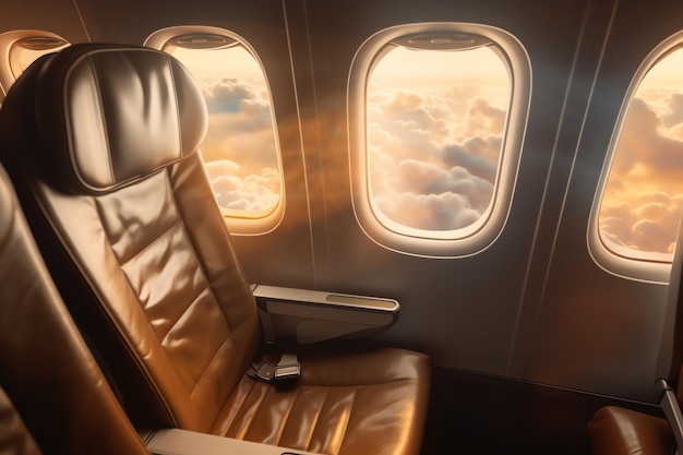 Airplane window with a leather seat and a view of the clouds