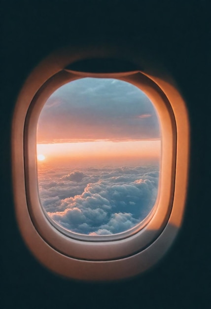 an airplane window with a sunset and clouds in the background