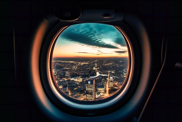 An airplane window with a view of a city